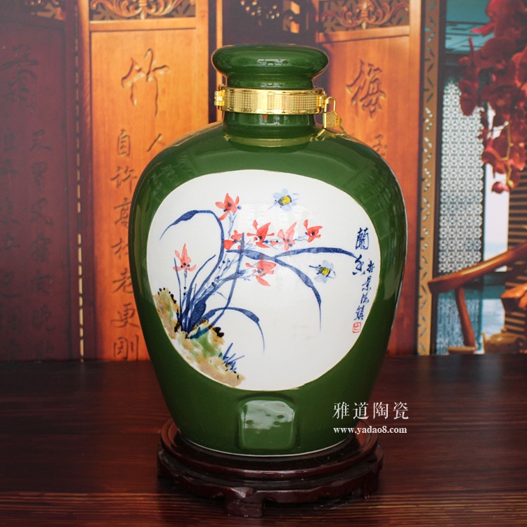 景德镇颜色釉手绘酒坛-兰花款