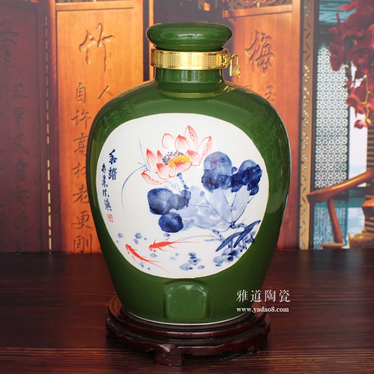 景德镇颜色釉手绘酒坛-荷花款