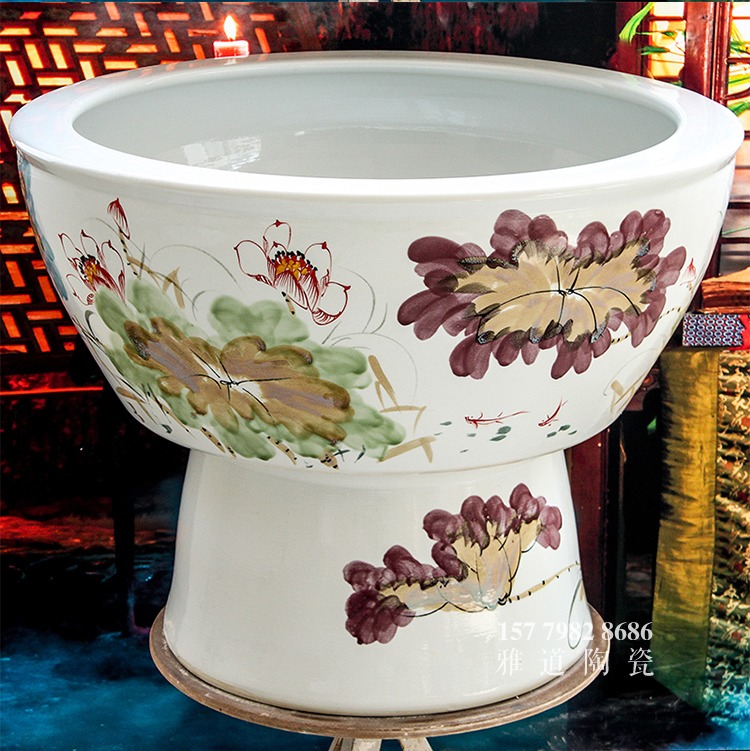 景德镇手绘荷花清香陶瓷鱼缸-侧面