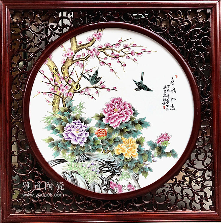 名家手绘粉彩牡丹花开富贵瓷板画