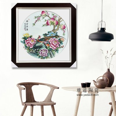景德镇陶瓷手绘粉彩瓷板画锦堂添寿