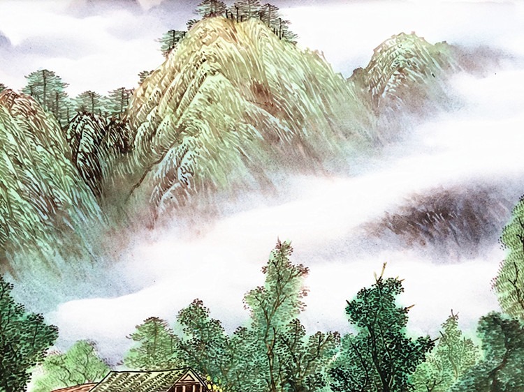 景德镇陶瓷手绘釉上彩山水风景瓷板画细节图