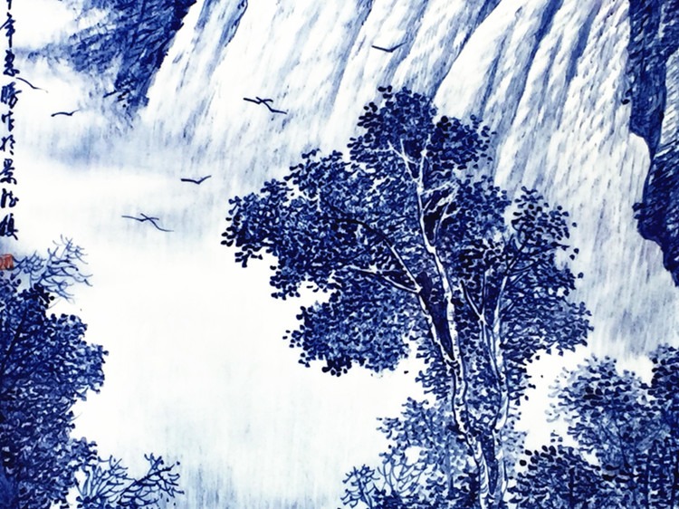 景德镇青花山水瓷板画观瀑图细节图