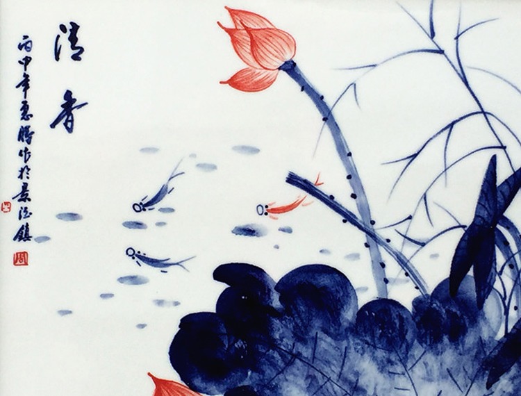景德镇陶瓷青花瓷板画写意花鸟细节图