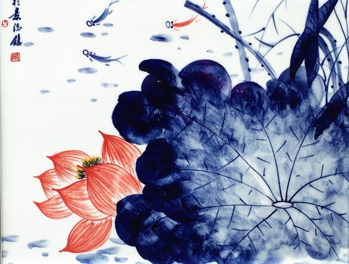 景德镇陶瓷青花瓷板画写意花鸟细节图