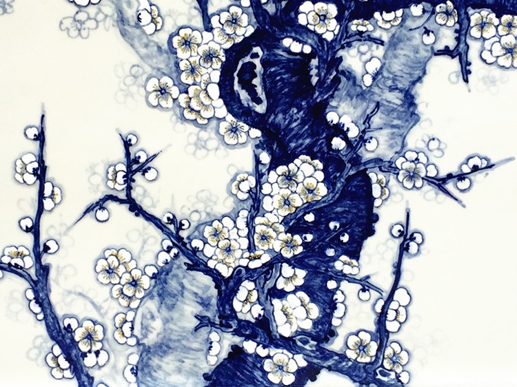 景德镇瓷板画青花喜鹊梅花喜上眉梢细节图