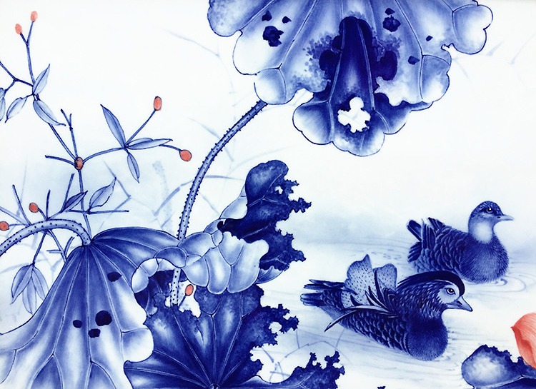 景德镇陶瓷青花瓷板画手绘鸳鸯细节图