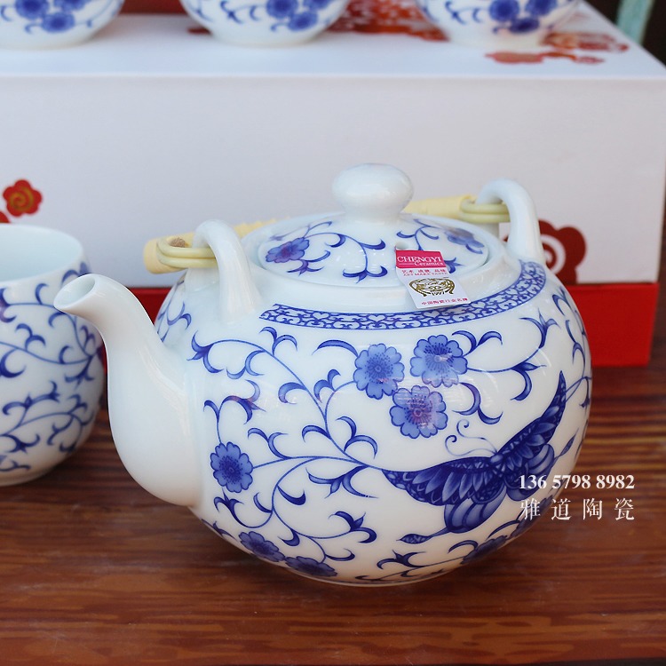 景德镇髙白家用提梁壶青花茶具套装-提梁壶