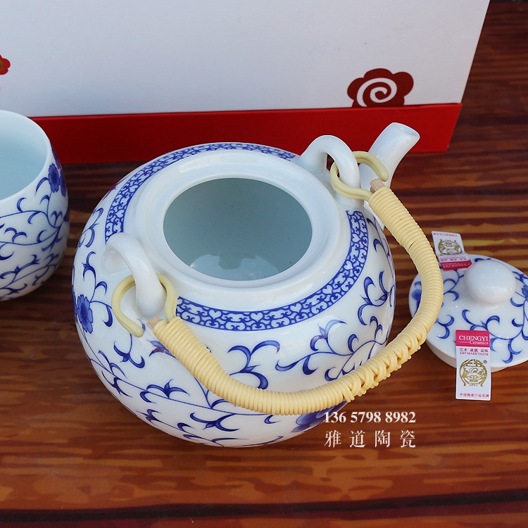 景德镇髙白家用提梁壶青花茶具套装-提梁壶内部
