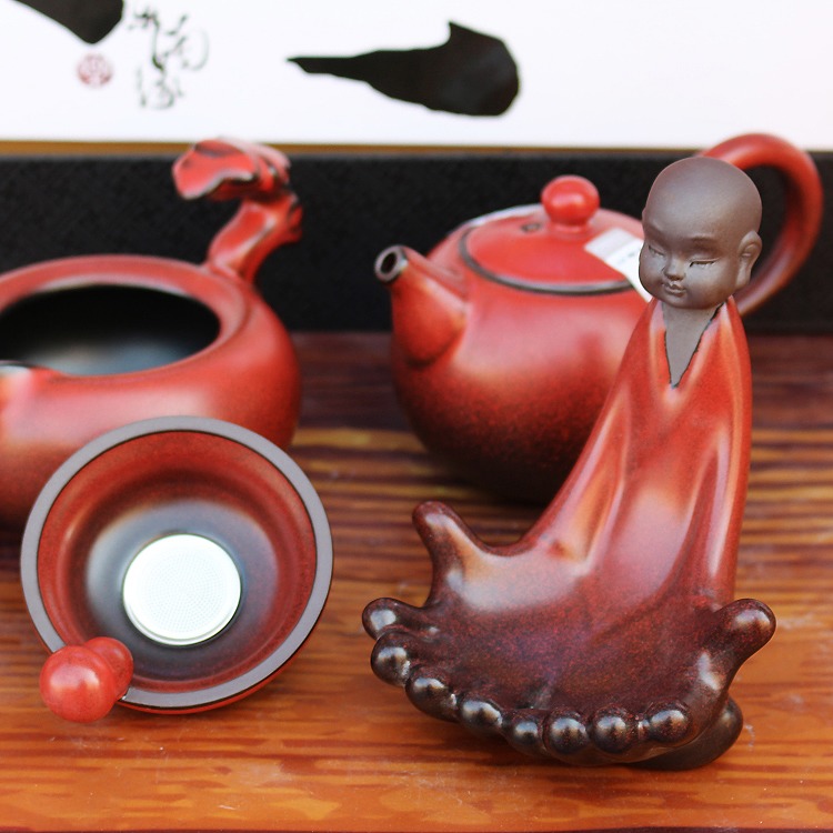 10头红色颜色釉整套功夫茶具套装-茶漏