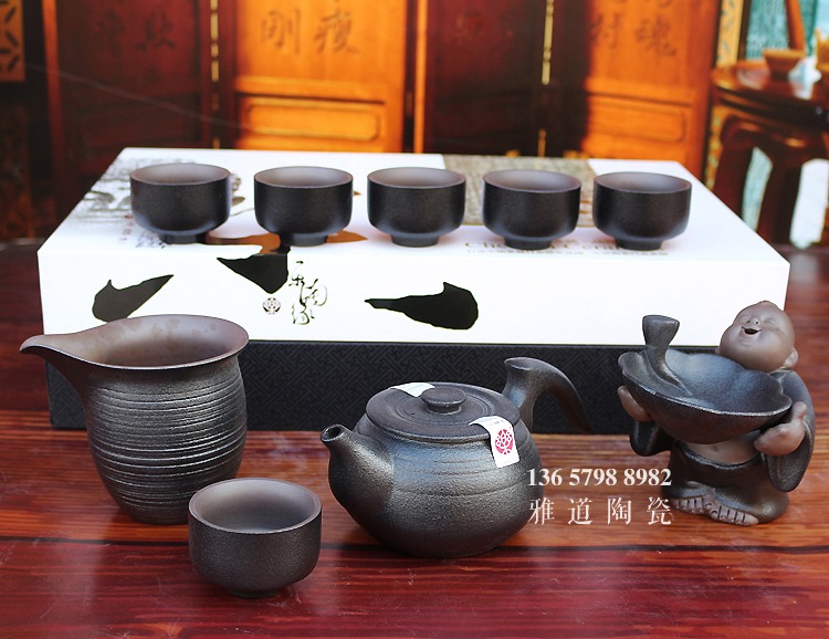 景德镇陶瓷黑色粗瓷整套功夫茶具套装