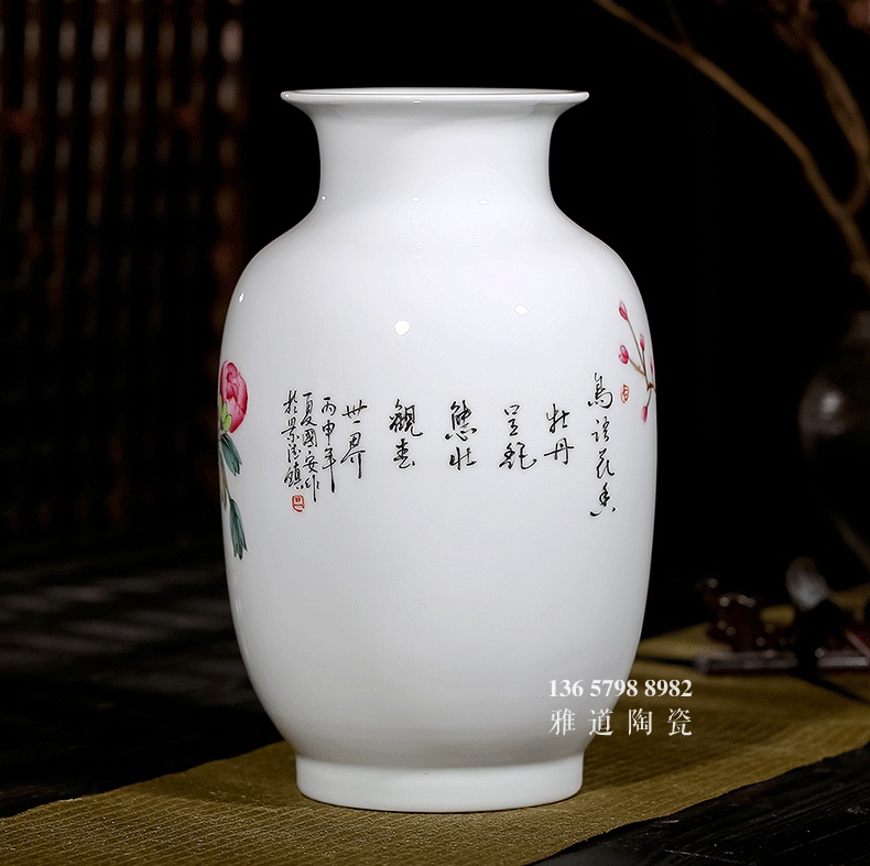 名家夏国安手绘客厅陶瓷花瓶鸟语花香-题字