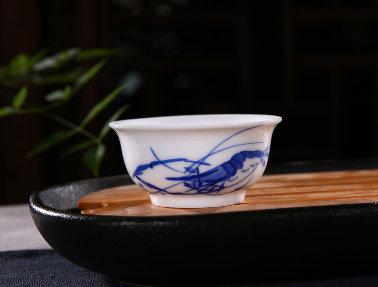 手绘写意虾趣青花瓷盖碗陶瓷茶具套组