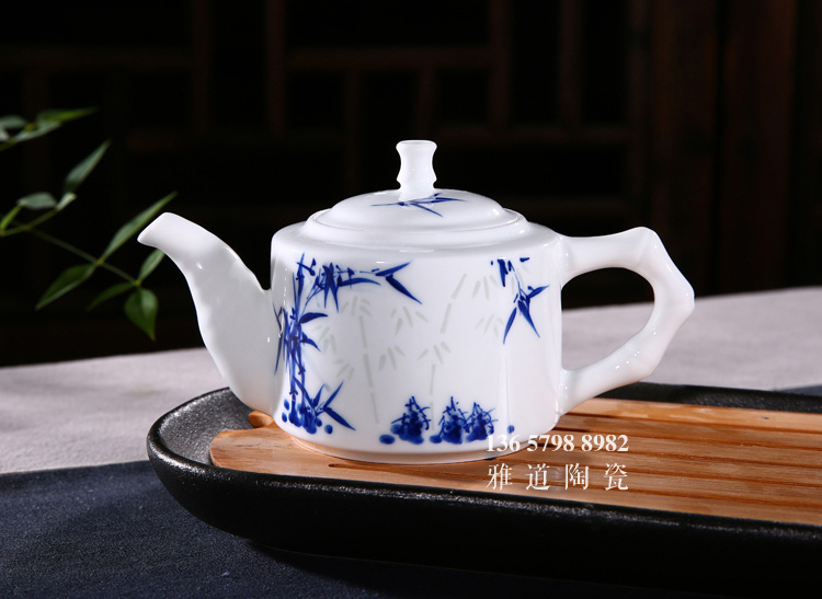 手绘竹子青花玲珑高档陶瓷茶具