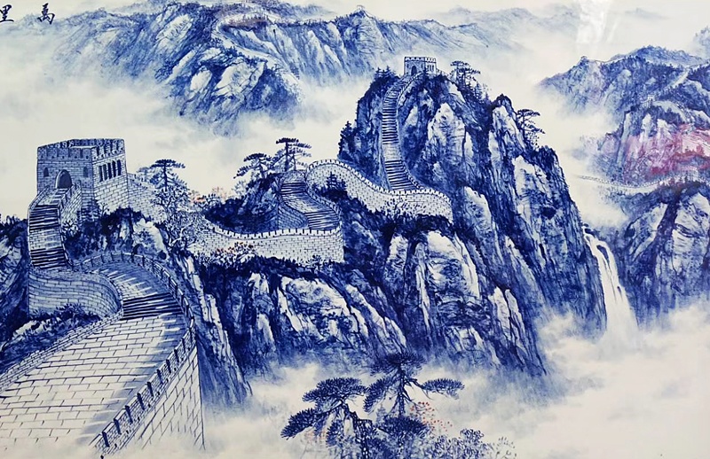 名家手绘万里雄风青花瓷板画