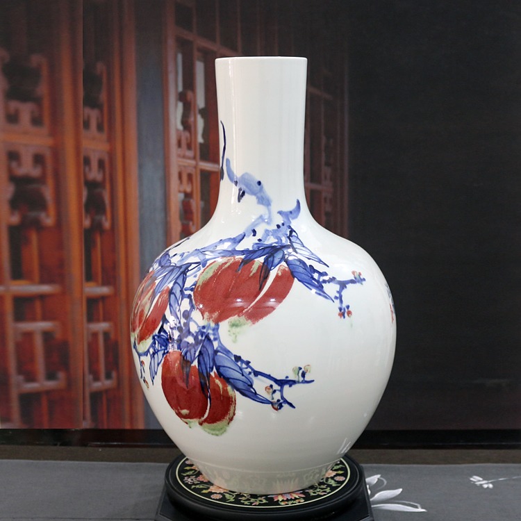 景德镇陶瓷寿桃花瓶（青花釉里红天球）