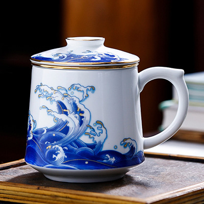 景德镇陶瓷高级泡茶杯办公杯（海浪珐琅彩）