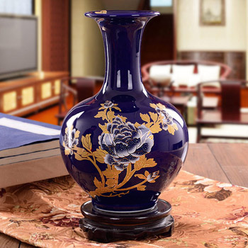 景德镇蓝金牡丹颜色釉陶瓷花瓶