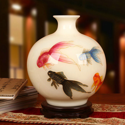 景德镇陶瓷金丝麦秆高档金鱼图白色花瓶