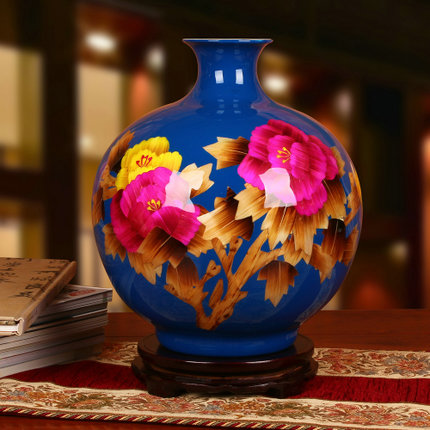 景德镇陶瓷工艺花瓶麦秆蓝色富贵牡丹