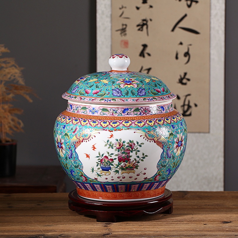 16斤装高档珐琅彩陶瓷盖罐米缸(图1)