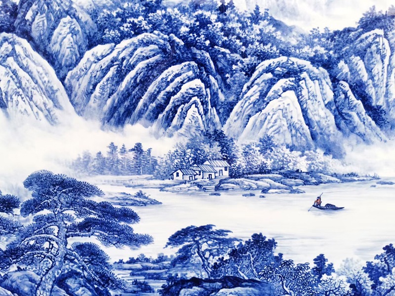 福全手绘青花流水生财山水画（聚宝盆）(图5)