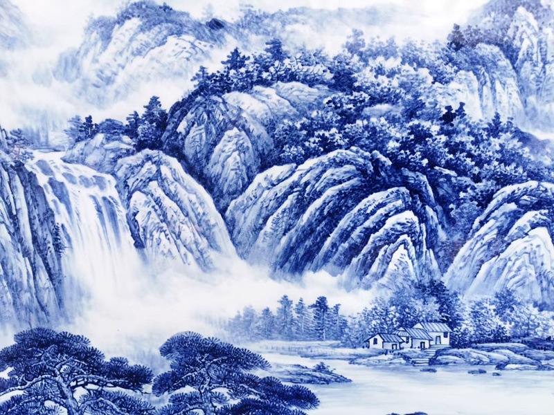 福全手绘青花流水生财山水画（聚宝盆）(图4)