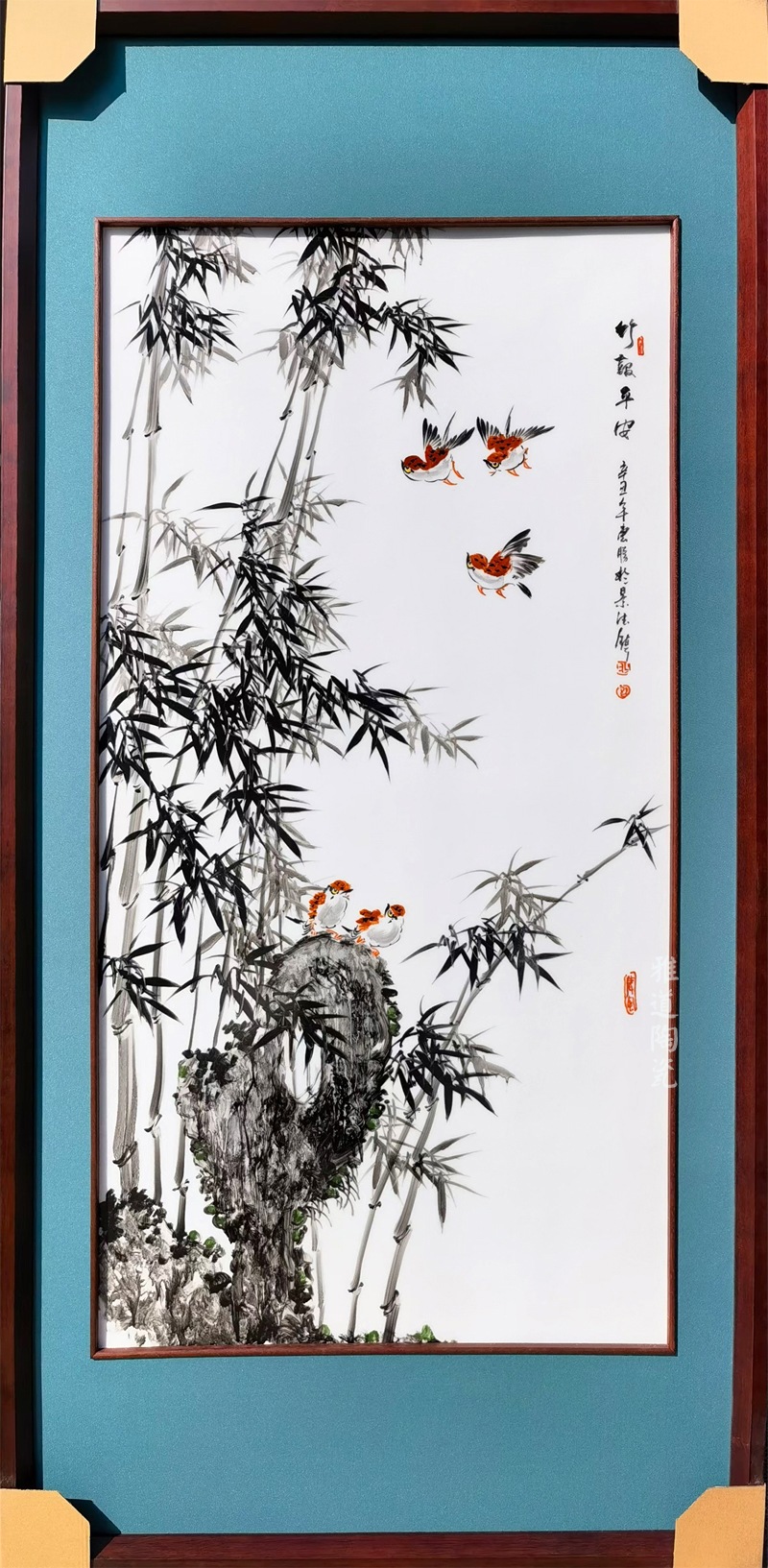 名家手绘艺术装饰瓷板画（竹报平安）(图2)