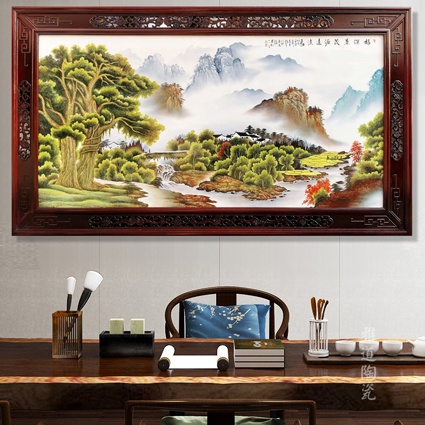 手绘客厅装饰山水瓷板画（根深叶茂）