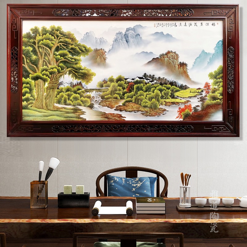 手绘客厅装饰山水瓷板画（根深叶茂）(图1)