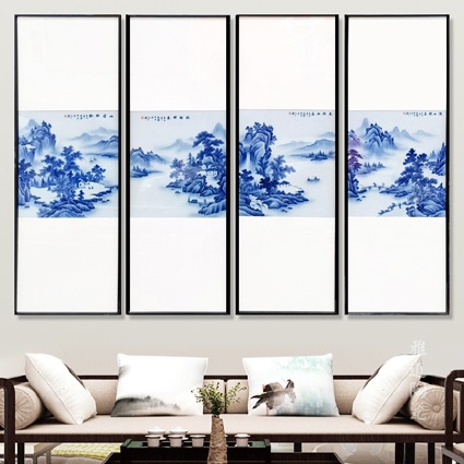青花山水四条屏中式装饰瓷板画