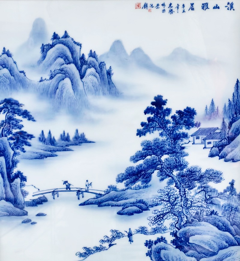 青花山水四条屏中式装饰瓷板画(图5)