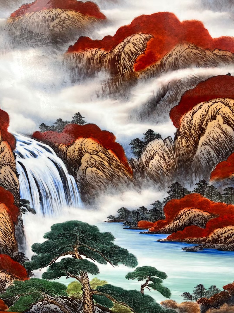 手绘客厅装饰山水瓷板画（旭日东升）(图3)