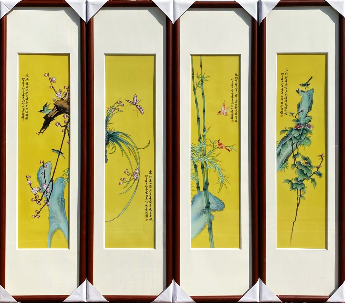 名家手绘黄底梅兰竹菊四条屏瓷板画(图2)