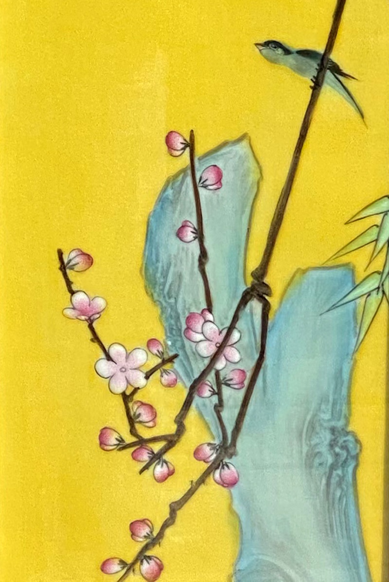 名家手绘黄底梅兰竹菊四条屏瓷板画(图4)