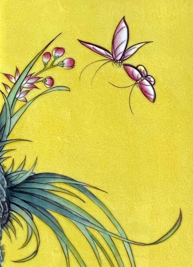 名家手绘黄底梅兰竹菊四条屏瓷板画(图5)