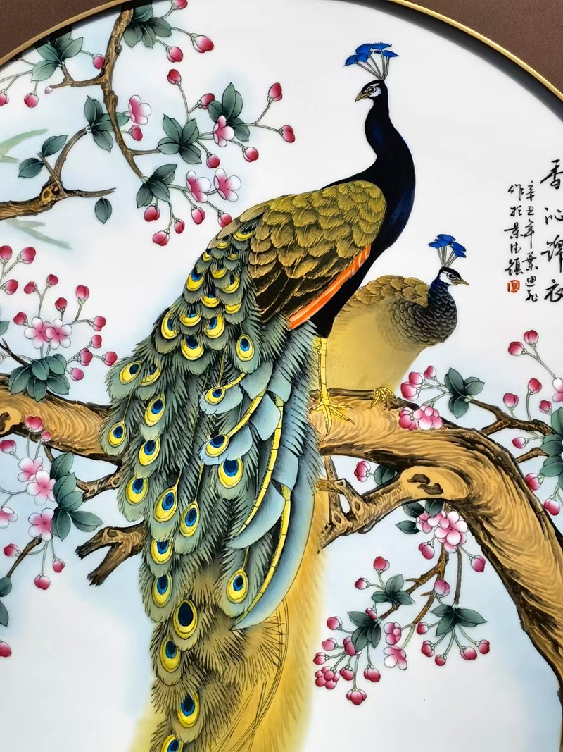 景德镇名家手绘孔雀花鸟装饰瓷板画(图8)