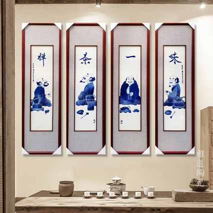 手绘青花茶室装饰瓷板画（禅茶一味）