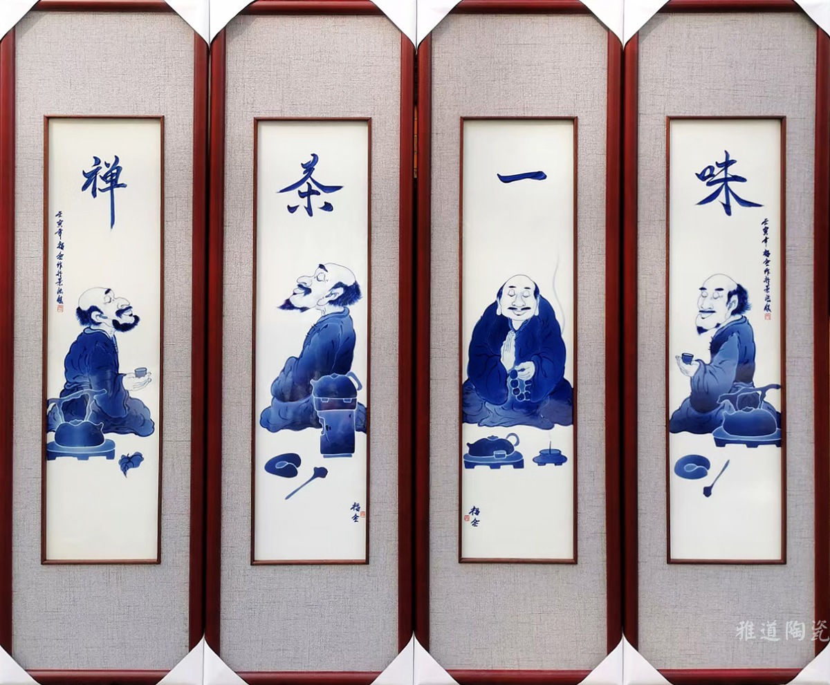 手绘青花茶室装饰瓷板画（禅茶一味）(图2)