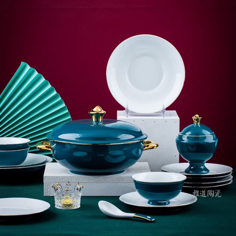 景德镇双色釉高档陶瓷餐具套装（绿如蓝）(图2)