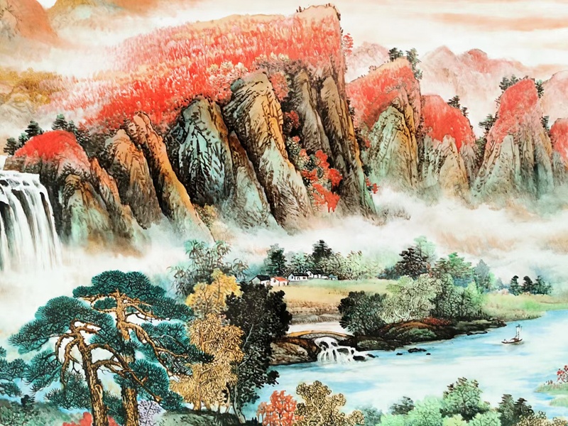 占年福手绘瓷板鸿运当头山水画(图7)