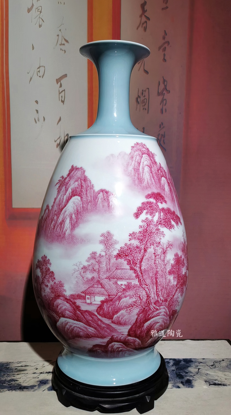 景德镇名家手绘玛瑙红艺术花瓶(图6)