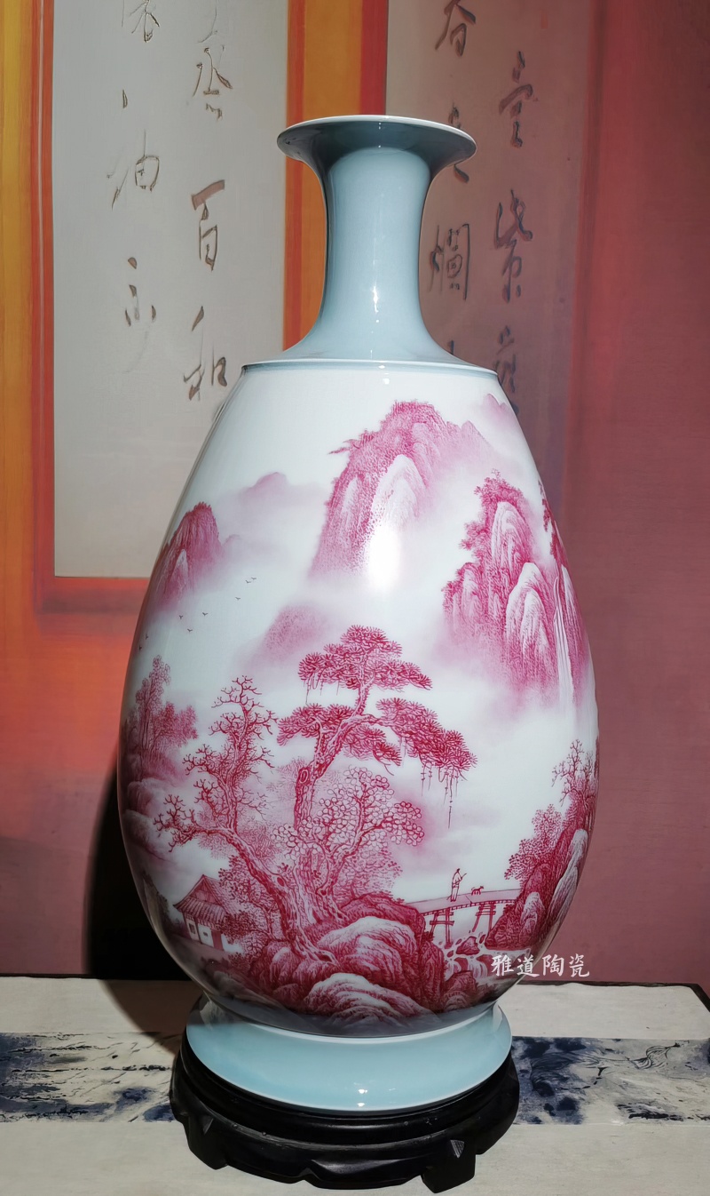 景德镇名家手绘玛瑙红艺术花瓶(图5)