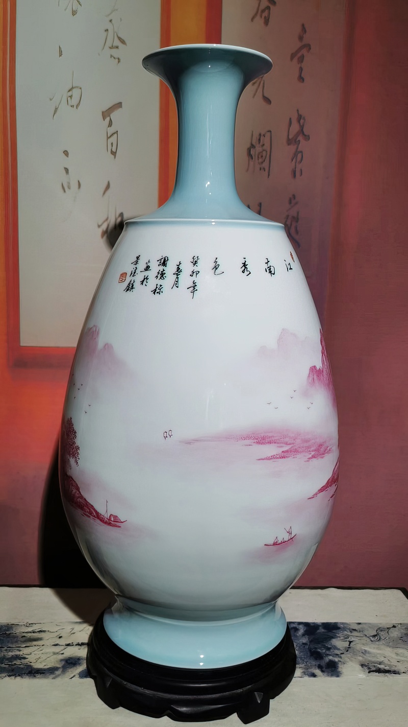 景德镇名家手绘玛瑙红艺术花瓶(图8)