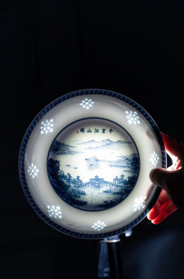 景德镇家用68头青花瓷玲珑瓷陶瓷餐具套装（千里江山）(图9)