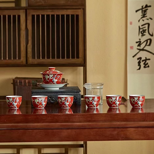 景德镇珐琅彩红釉陶瓷茶具礼品套装（红玉兰）