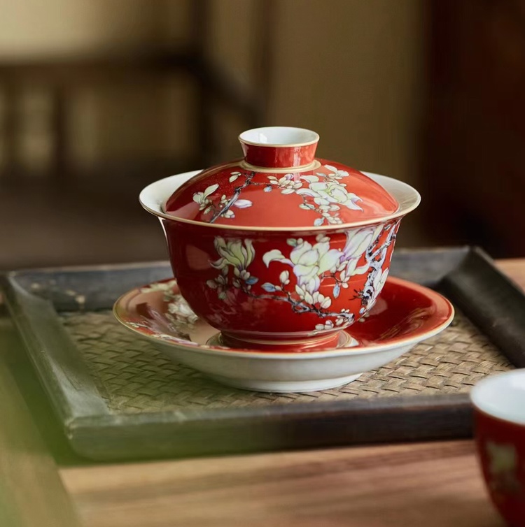 景德镇珐琅彩红釉陶瓷茶具礼品套装（红玉兰）(图9)
