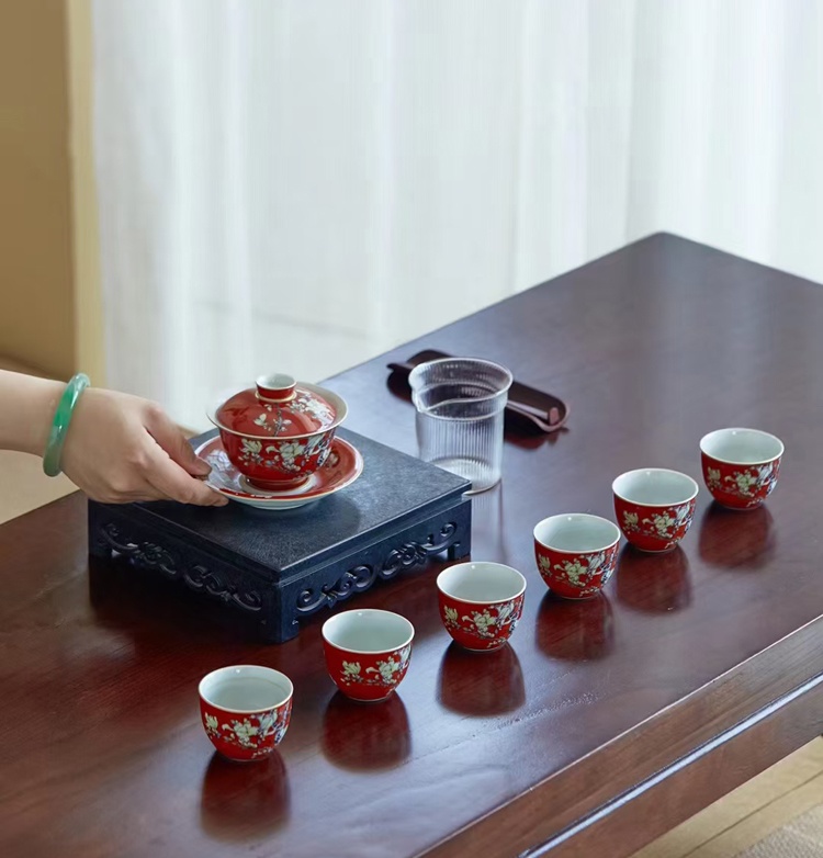 景德镇珐琅彩红釉陶瓷茶具礼品套装（红玉兰）(图4)