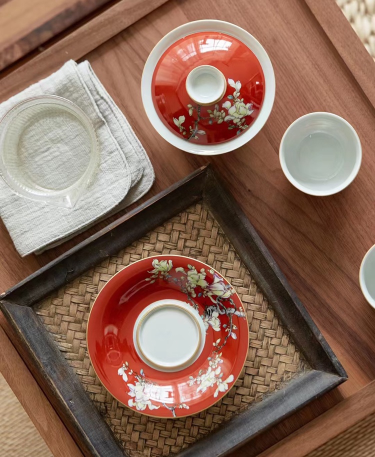 景德镇珐琅彩红釉陶瓷茶具礼品套装（红玉兰）(图5)