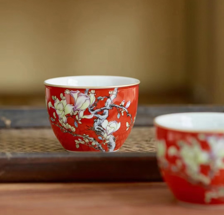 景德镇珐琅彩红釉陶瓷茶具礼品套装（红玉兰）(图8)